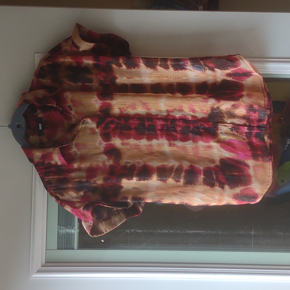 Y2K DKNY Sheer Button Up Blouse Vintage Metallic Tie Dye 90s Lightweight Summer - Picture 7 of 10